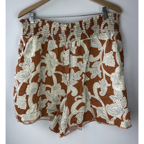 Boden Linen Shirred Waist Shorts Smocked Pull On Vine Coastal US Plus Size 16 18 - Picture 2 of 11